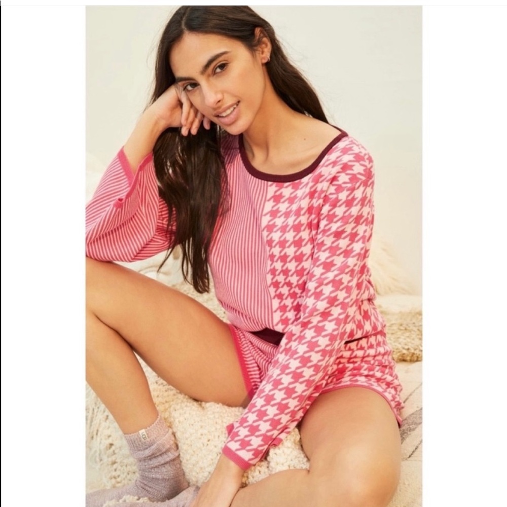 Anthropologie Sierra Lounge Pajama PJ Sweater Set Matching Houndstooth Stripe